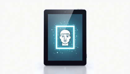 Fototapeta premium Facial recognition and face ID biometric scanning on tablet screen. Secure digital identification and cyber security technology concept.