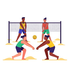 Fototapeta premium Diverse group playing beach volleyball game on sandy court with net and ball
