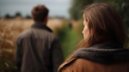 Fototapeta premium A couple walks a path through a rural field one ahead one observing the distance
