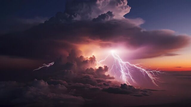 Aerial 4K footage of a towering cumulonimbus thunderstorm at sunset with multiple dramatic lightning strikes illuminating layered anvil clouds and dark horizon, ideal for weather documentaries and cin