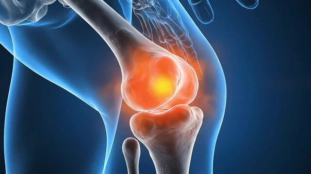 3D Animation of a Human Knee Joint Exhibiting Inflammation and Chronic Pain, Depicting Medical Conditions like Arthritis and Orthopedic Injuries
