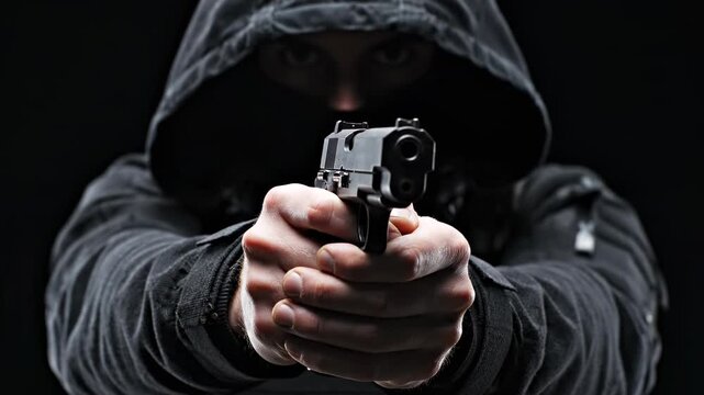 A still of a person in a black hoodie holding a gun and pointing it at the camera with a dark background.