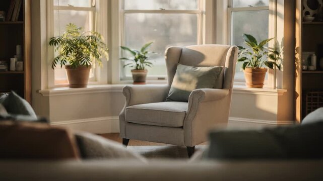 Sunlit bay window nook with a comfortable armchair in sharp focus surrounded by outoffocus cushions plants and shelves for a tranquil reading retreat.