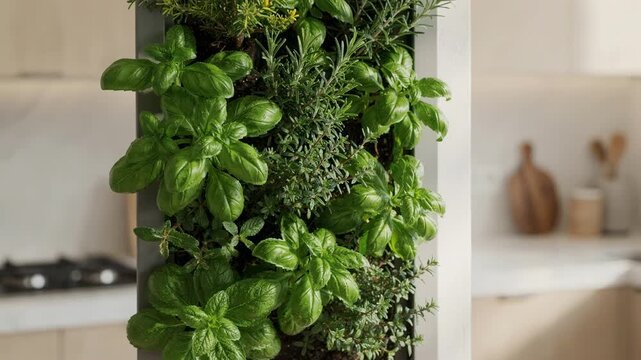 Focused medium shot of a living wall herb garden inside a home kitchen fresh leaves crisp and clear against an outoffocus cooking area.