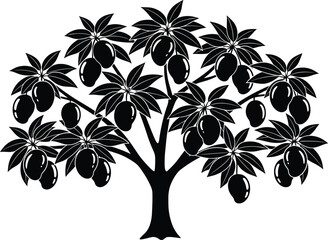 Stylized black and white mango tree illustration with abundant fruits and lush foliage, tropical agriculture design for botany, farming, food, nature, and decorative creative projects © MstKalpona