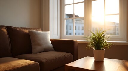 Fototapeta premium Cozy living room interior bathed in warm sunlight featuring a sofa cushion and potted plant