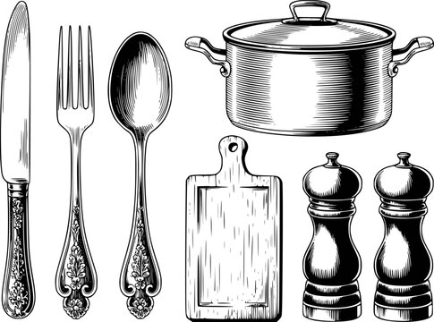 Vintage engraving style of kitchen utensils including a pot fork spoon knife cutting board and pepper mills
