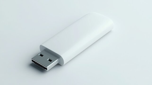A white USB flash drive on a plain background
