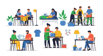Naklejka premium DIY & Repair Services: People Mending Clothes, Fixing Bicycles, and Appliances for Sustainable Living