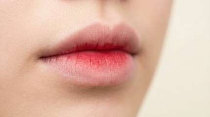 Naklejka premium Extreme close up of female lips with red gradient tint. Clean skin represents health and beauty. Perfect for cosmetic advertising, dermatology clinics, or makeup tutorials.