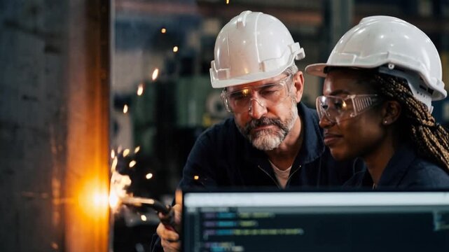 Diverse industrial workers welding metal in modern factory