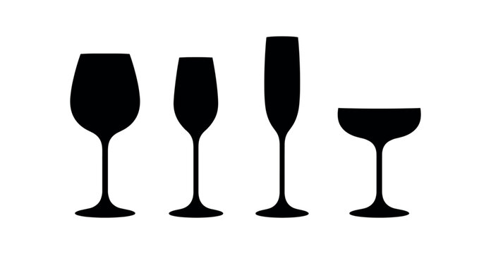 Four black wine glass silhouettes showing different stemware shapes side by side.