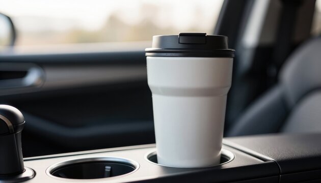Coffee cup in car cup holder urban setting product photography indoor environment close-up view daily routine