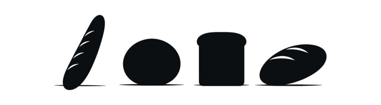 Four solid black bakery silhouettes including a baguette, round loaf, sliced loaf and oval loaf on a white background.