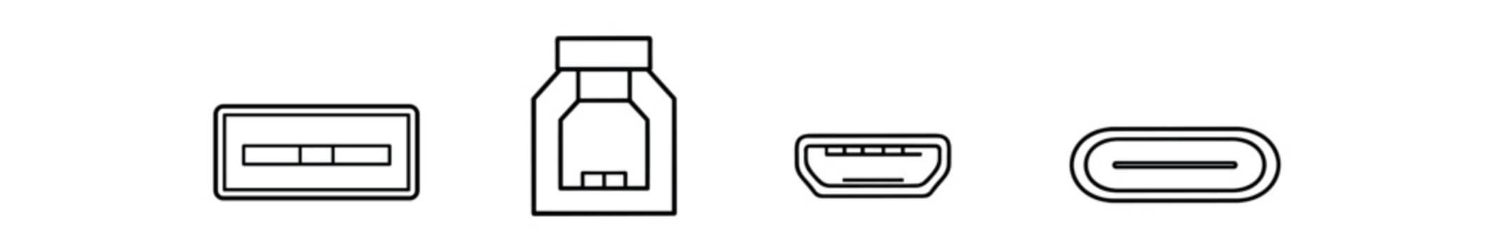 A series of four electronic connector icons including usb, rj45, hdmi and usb c in outline style.