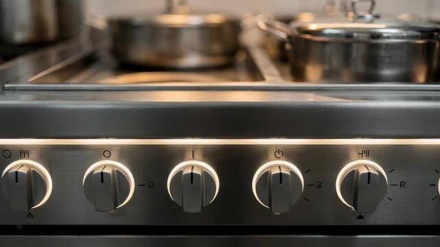Electric buffet hot well installation viewed in medium shot sharp focus on illuminated control knobs with blurred serving containers behind enhancing focal point.