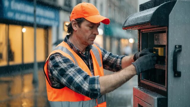 Maintenance specialist replacing a printer module in an outdoor ATM kiosk with the part in clear focus and the street scene subtly blurred.
