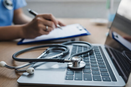 Stethoscope on Laptop Keyboard in Medical Office