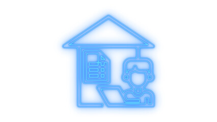 Blue neon icon showing a person working on a laptop inside a house with a document, symbolizing remote work, online education, and home office productivity, isolated on transparent background