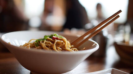 Delightful Asian Noodle Bowl with Chopsticks, Ready to Savor in a Cozy Restaurant Setting, Perfect for Culinary and Travel Content