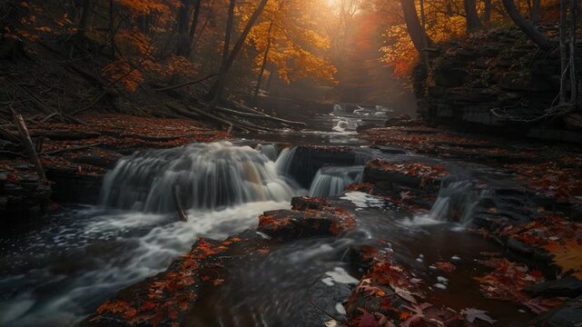 Video A serene scene of a stream running through a dense forest surrounded by vibrant leafy vegetation
