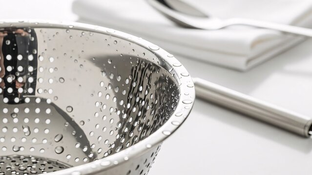Shiny stainless steel colander with water droplets