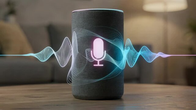 Focused medium shot of a smart speakers microphone icon with clear waveform visuals on its surface blurred living room setting in the background emphasizing voice command