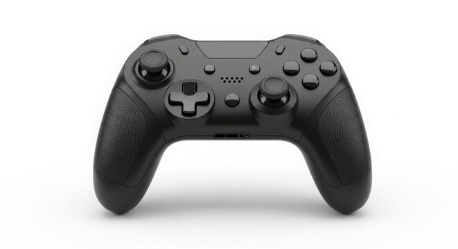 A sleek black gaming controller on a white background