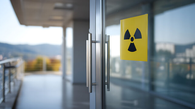 Clear Glass Door with Hazardous Material Warning Sign, Modern Architecture Background, Bright Daylight Office Setting, Safety First Concept