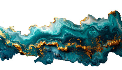 Fototapeta premium Abstract swirling teal and gold fluid art design with intricate patterns, on black background