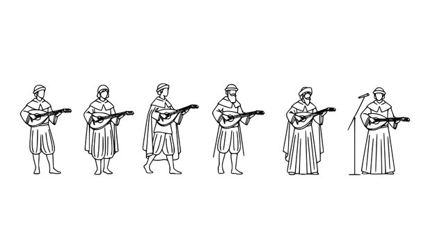 Medieval troubadour line art set bard musician playing lute vector illustration isolated on white