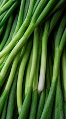 Obraz premium Fresh green onions arranged beautifully, showcasing vibrant colors.