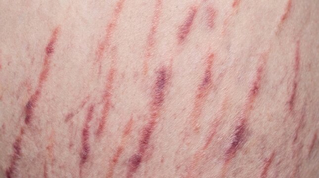 Detailed view red and purple striae human skin. Represents physical changes from growth or pregnancy. Suitable for dermatology, health, and body acceptance articles.