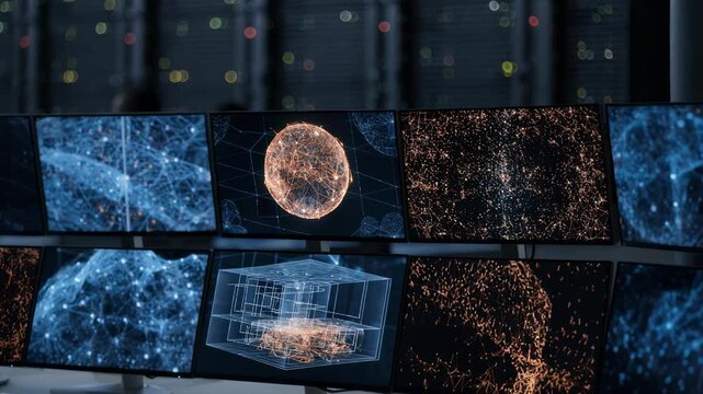 Focused shot of multiple monitors showing blockchain transaction nodes with blurred outoffocus server cabinets in the background for central bank testing.