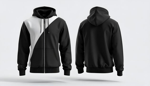Black and White Two-Piece Zip-Up Hoodie Mockup: Front and Back Views on a Plain Background