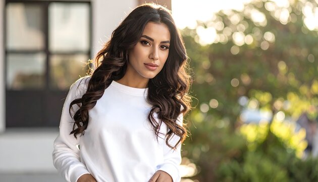 Beautiful Young Woman with Long Wavy Dark Hair Wearing a White Sweatshirt Outdoors in Natural Light