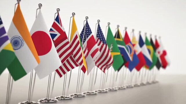 This features a collection of national flags from various countries, displayed on small flagpoles and set against a plain white background. The flags represent different nations and cultures