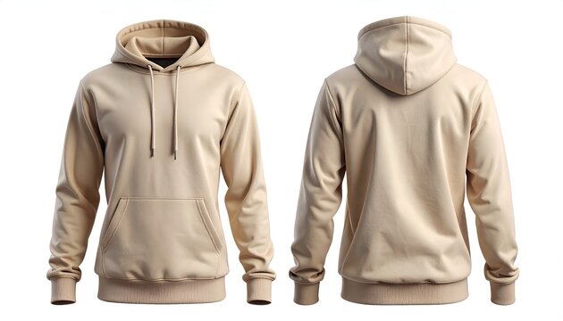 Beige Hoodie Sweatshirt Displayed from Front and Back, Isolated on a Clean White Background