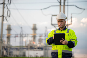Fototapeta premium Professional engineers using a digital tablet at a petrochemical refinery or oil and gas power plant during twilight. Concept of energy industry, petroleum infrastructure, and industrial teamwork.