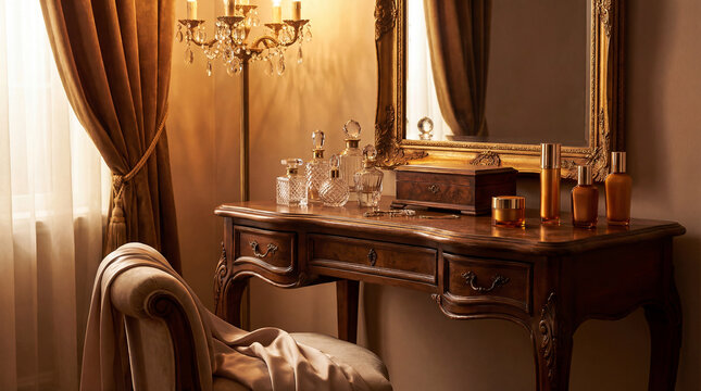 Luxurious classic vanity table in a warmly lit room featuring a gold mirror, jewelry box, and elegant skincare and perfume glass bottles.