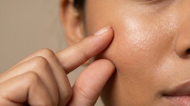 Close up woman pinching cheek skin. Depicts skin texture, pores, and sensitivity issues. Perfect for dermatology, skincare marketing, and beauty articles.