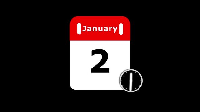 January 2 calendar icon with moving clock hands on black background. Calendar with date concept. Calendar page for January 2 with a clock icon animation.