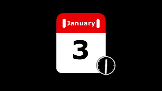 January 3 calendar icon with moving clock hands on black background. Calendar with date concept. Calendar page for January 3 with a clock icon animation.