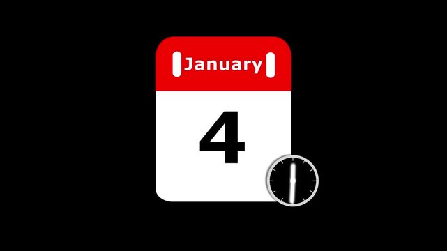 January 4 calendar icon with moving clock hands on black background. Calendar with date concept. Calendar page for January 4 with a clock icon animation.