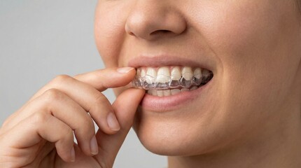 Fototapeta premium Close up of woman putting clear plastic aligner on teeth. Modern orthodontic treatment for perfect smile. Ideal for dental clinic websites and healthcare articles.