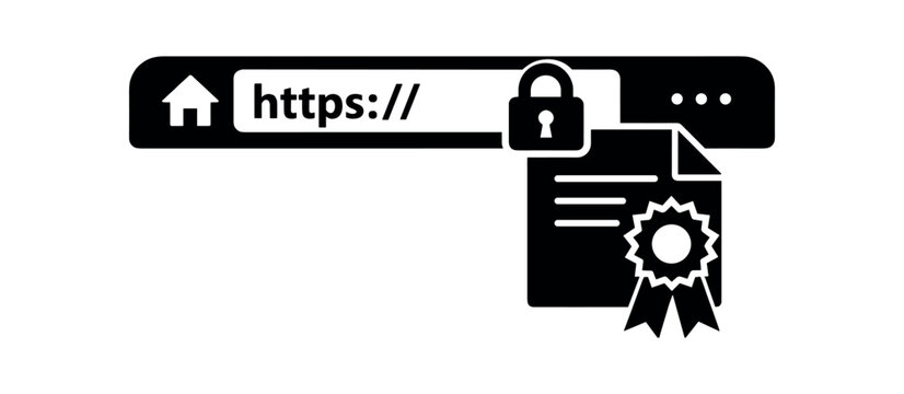Browser address bar with https prefix, padlock and certificate ribbon symbolizing secure website connection