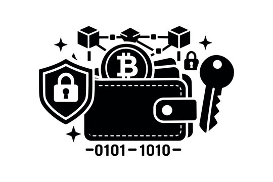 Wallet with bitcoin coin and key blockchain security binary code flat vector illustration