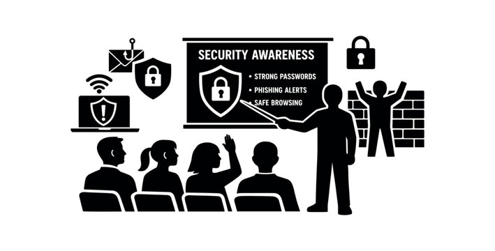 Black silhouette illustration of a presenter teaching security awareness to seated audience with icons for locks and threats