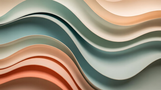 A beautiful and calming abstract image portrays wide, flowing waves in soft pastel colors, predominantly teal and peach, creating a gentle and harmonious visual landscape with delicate shadows.