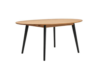 Fototapeta premium Modern oval dining table featuring a natural wood grain top supported by four tapered black legs